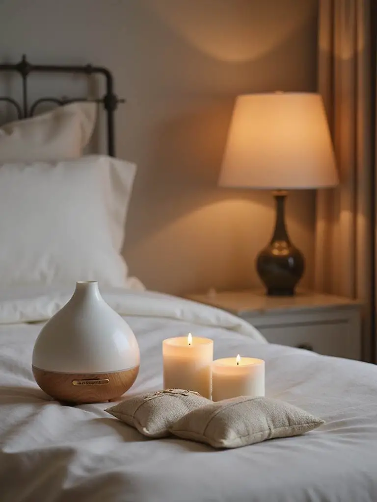 A serene bedroom scene showcasing essential oil diffusers and calming decor to enhance atmosphere.