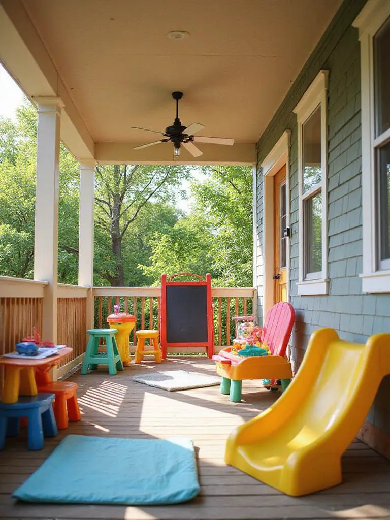 A vibrant kids' play zone on a porch with colorful toys and safety features.