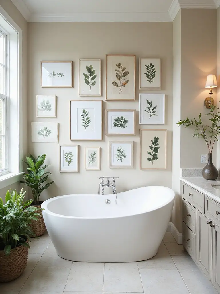 A bathroom with a gallery wall featuring framed artwork and decor.