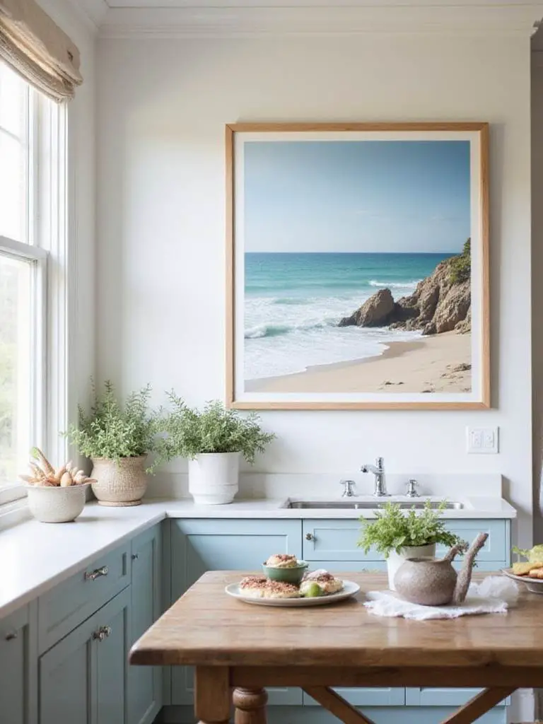 Coastal-themed artwork in a beautifully decorated kitchen