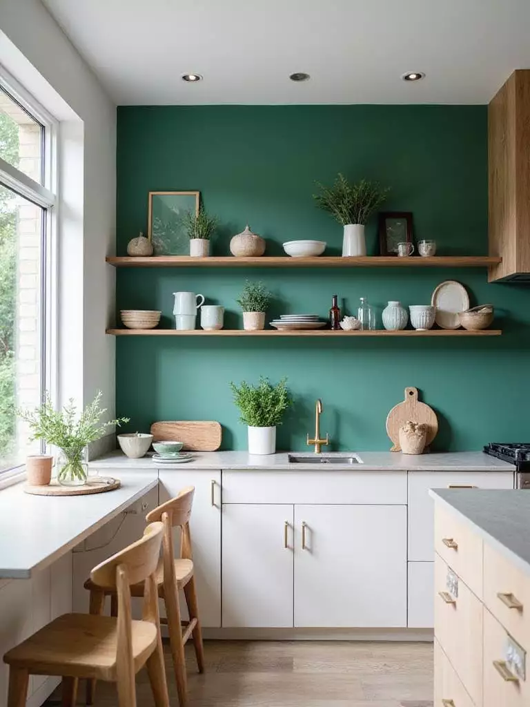 Modern kitchen with bold emerald green accent wall and light cabinetry
