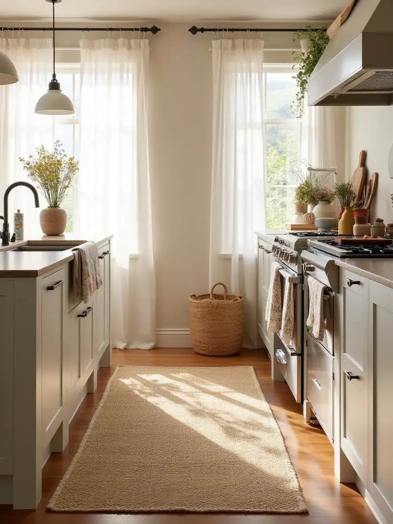A styled kitchen featuring layered soft textiles like rugs, curtains, and dish towels.