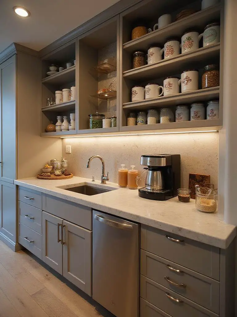 Dedicated beverage station with coffee maker and organized mugs