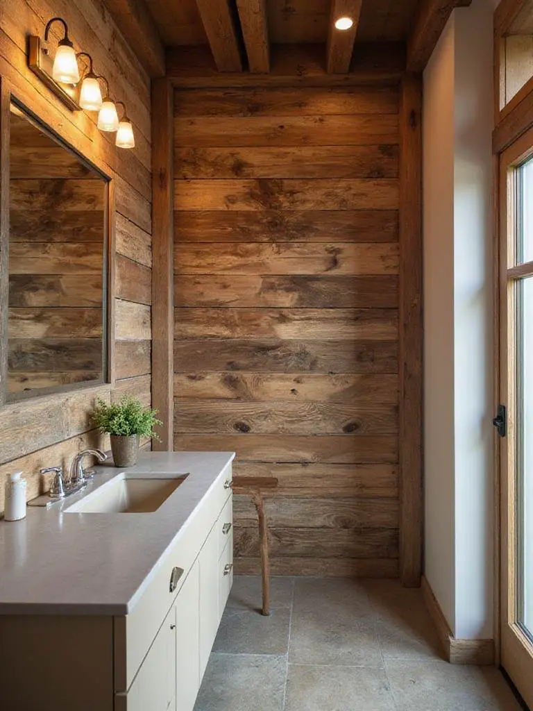 Rustic bathroom with reclaimed wood accent wall showcasing unique textures and warm lighting