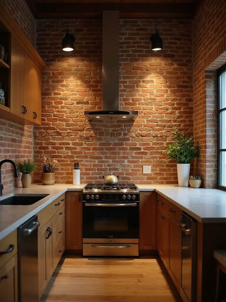 Rustic kitchen with exposed brick wall, warm lighting, and modern appliances