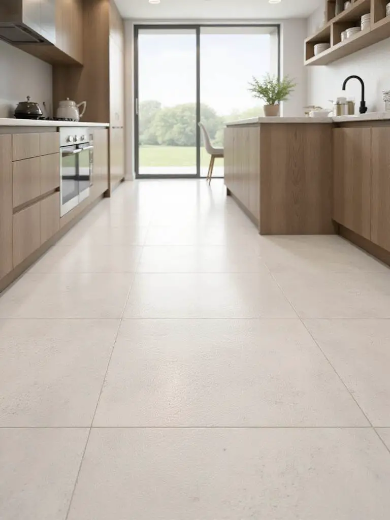 Modern kitchen showcasing slip-resistant floor tiles in a warm and inviting setting.