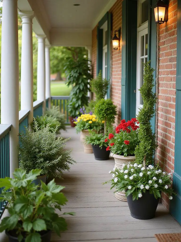 Vibrant porch with lush container gardens featuring colorful flowers and herbs.