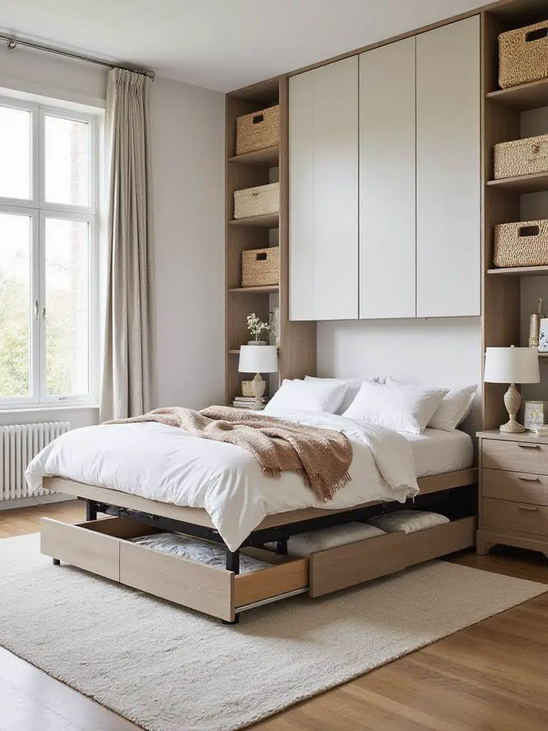 Organized bedroom with aesthetic storage solutions including a platform bed with hidden storage and decorative baskets.