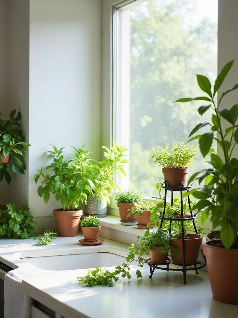 Bright kitchen with indoor plants and herb garden