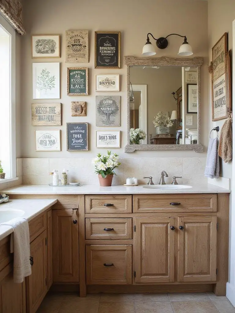 Rustic bathroom featuring art prints and vintage signage