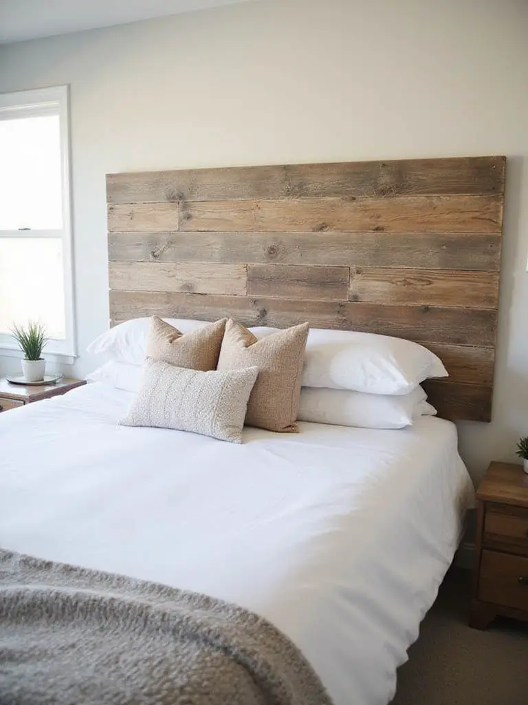 A stylish DIY headboard made of reclaimed wood in a beautifully decorated bedroom.