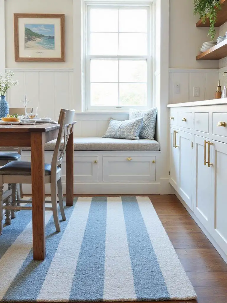 Coastal-inspired rug defining a dining zone in a modern kitchen