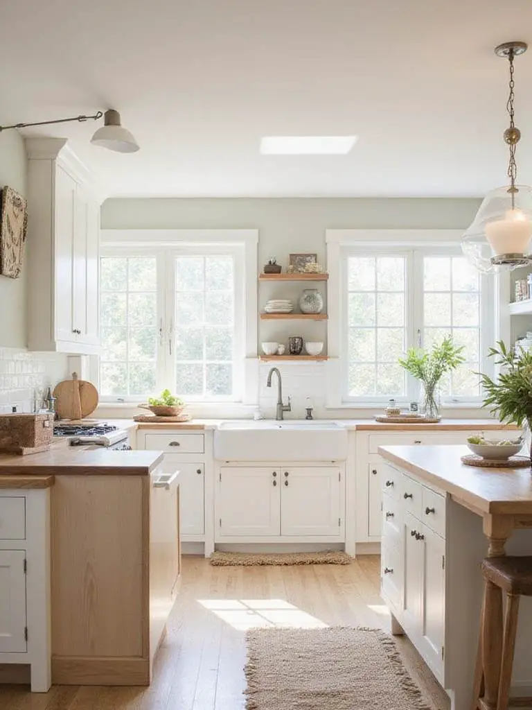 A kitchen showcasing a blend of farmhouse and minimalist aesthetics with shaker cabinets and a farmhouse sink.