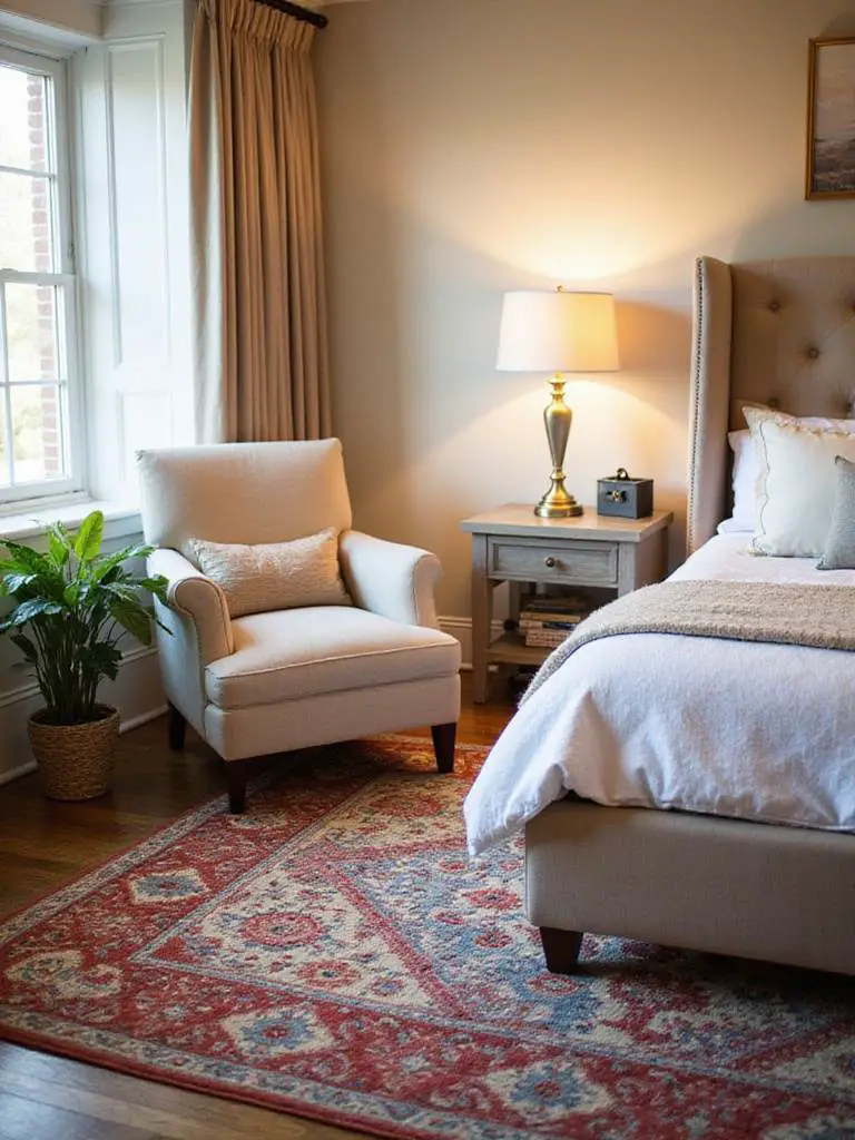 A cozy bedroom featuring an affordable area rug defining a reading nook.