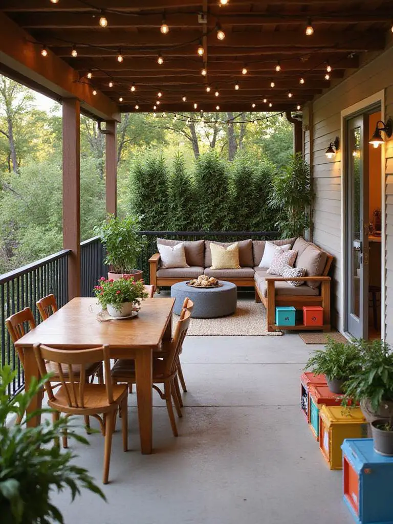 A beautifully designed multi-functional porch featuring zones for dining, lounging, and play, illuminated with warm lighting.