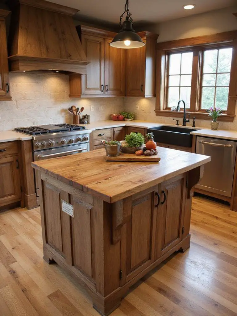 Large rustic kitchen island with reclaimed wood countertop, warm lighting, and natural decor