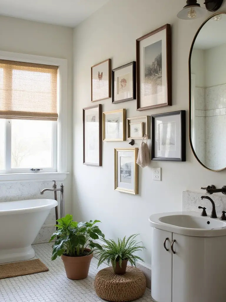 Decorated bathroom wall with curated artwork and framed prints