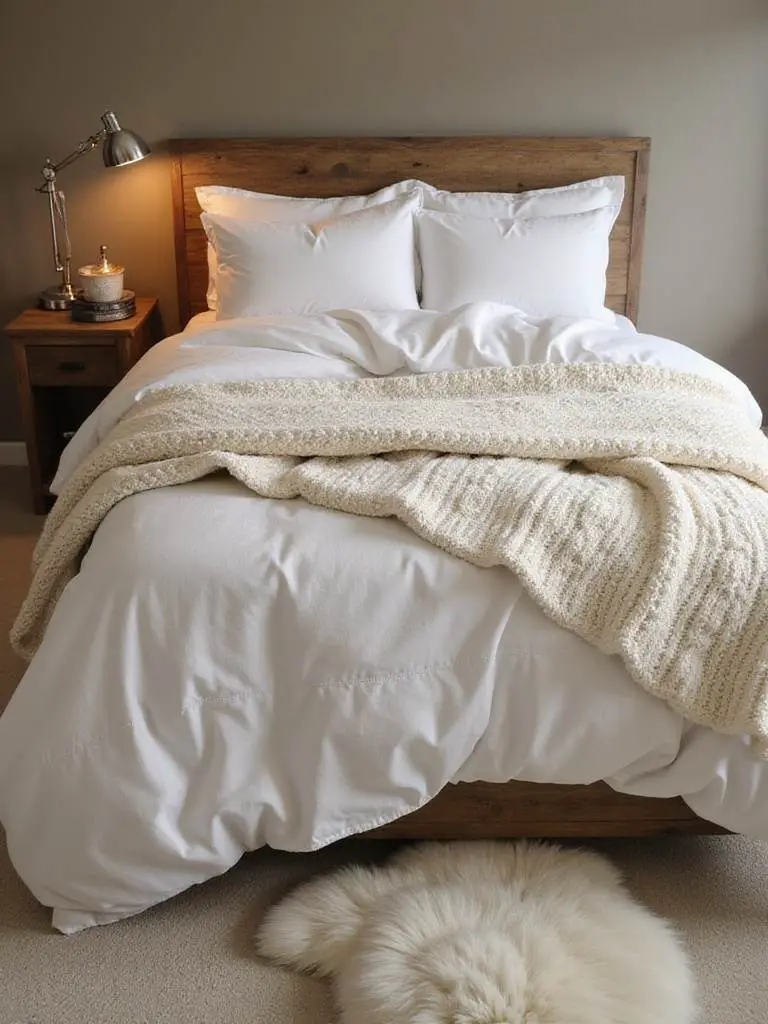 Stylish bedroom with diverse textures including linen duvet, cable-knit throw, faux fur rug, and wood nightstand.