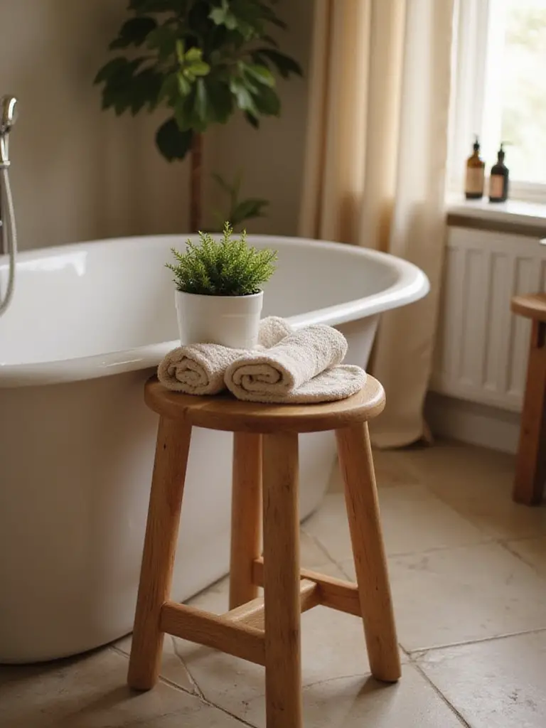 A small wooden stool in a stylish bathroom beside a freestanding tub, decorated with a towel and plant.