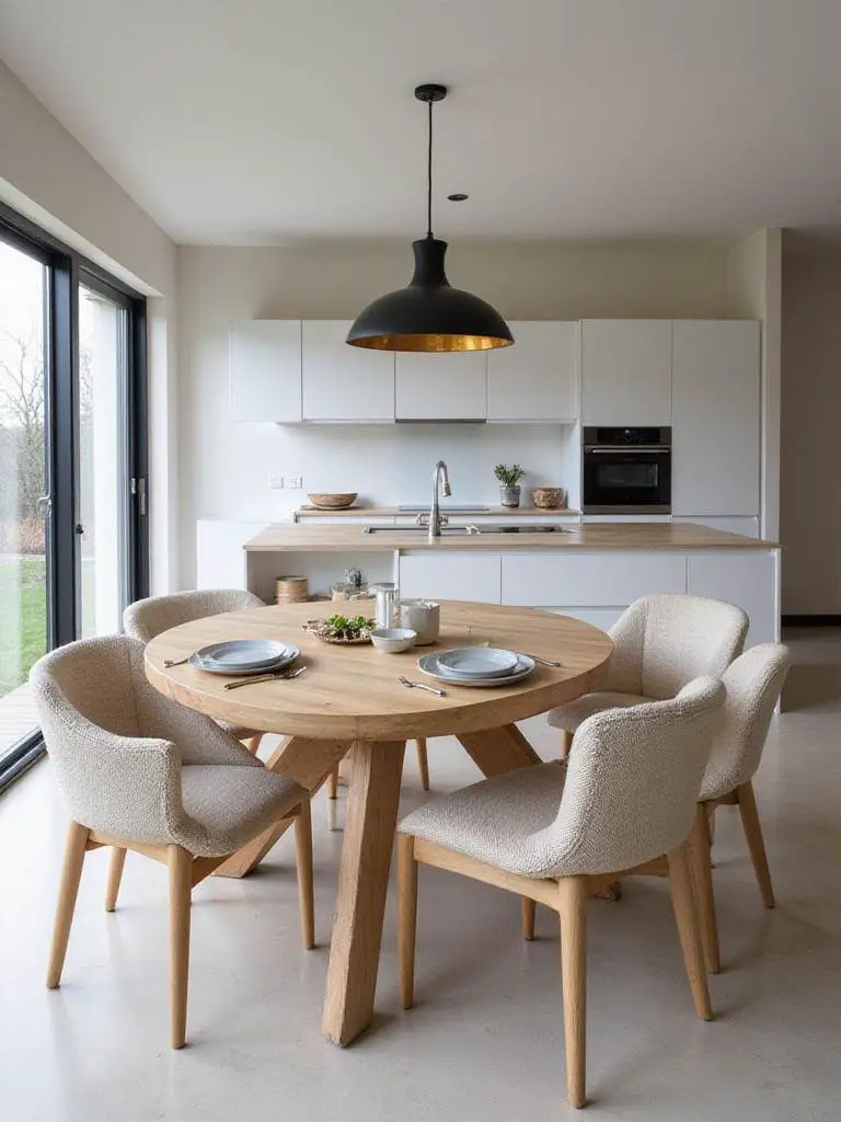 Modern kitchen with flexible seating and dining options, showcasing an extendable table and sleek design.