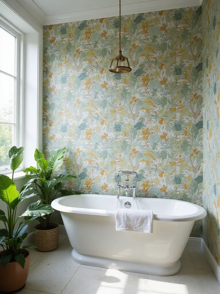 Elegant bathroom with vibrant peel-and-stick wallpaper featuring a freestanding bathtub and lush greenery.