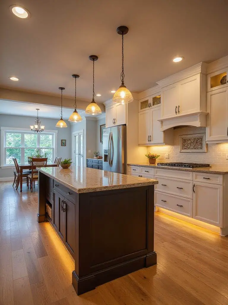 Professional kitchen design showcasing layered lighting with ambient, task, and accent lights.
