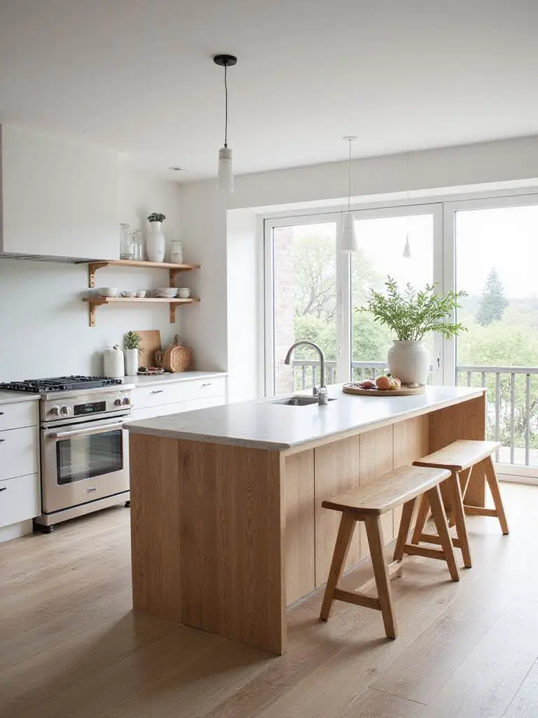 Scandinavian kitchen with a functional kitchen island featuring light wood and quartz countertop.