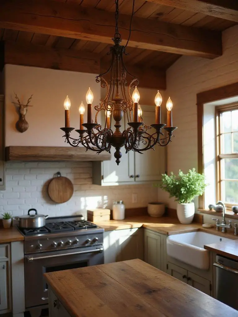 Rustic kitchen featuring a wrought iron chandelier and warm lighting