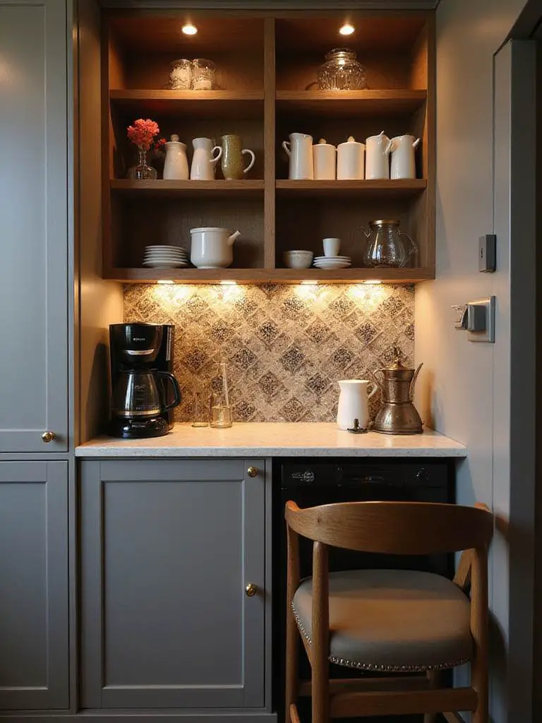 Dedicated coffee bar nook with stylish countertop and coffee maker