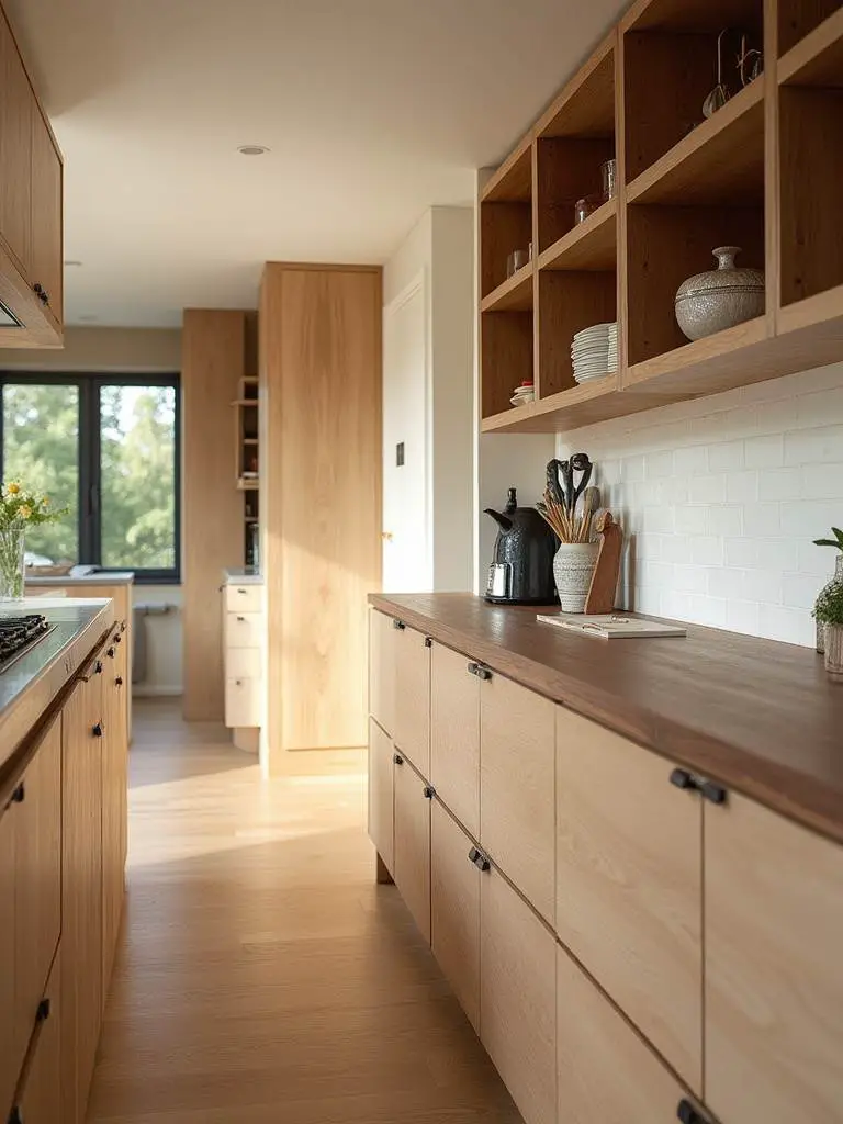 Modern kitchen showcasing natural wood tones with oak cabinetry and walnut countertop
