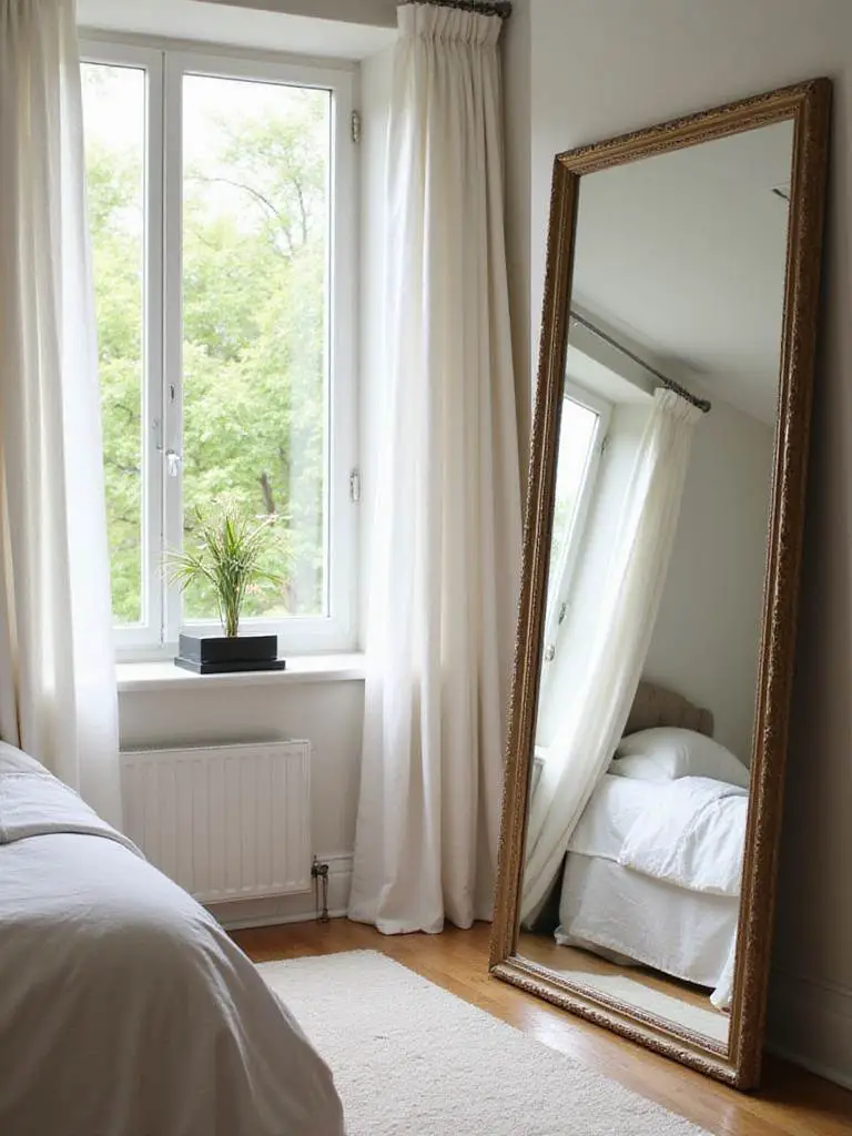 A beautifully styled bedroom featuring a large mirror reflecting natural light from a window.
