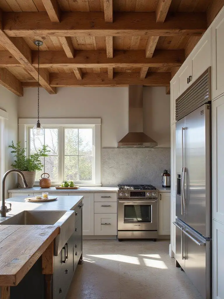 A rustic-contemporary kitchen featuring wooden beams, farmhouse sink, and modern appliances.