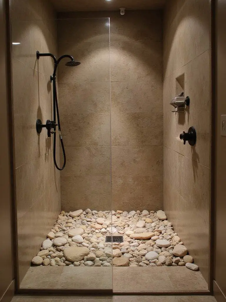 Walk-in shower with river rock floor showcasing natural stones and rustic design.