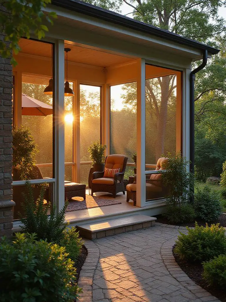 A screened porch designed for bug-free outdoor enjoyment, surrounded by greenery.