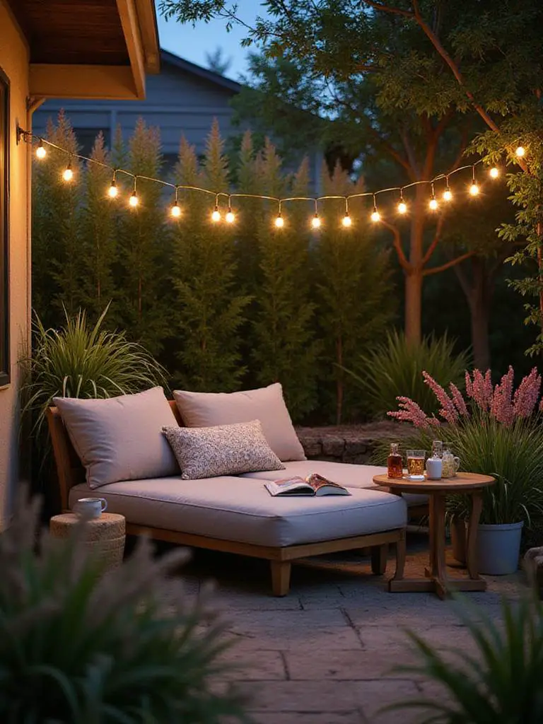 Cozy nook in a backyard designed for reading and relaxation, featuring a chaise lounge and ambient lighting.