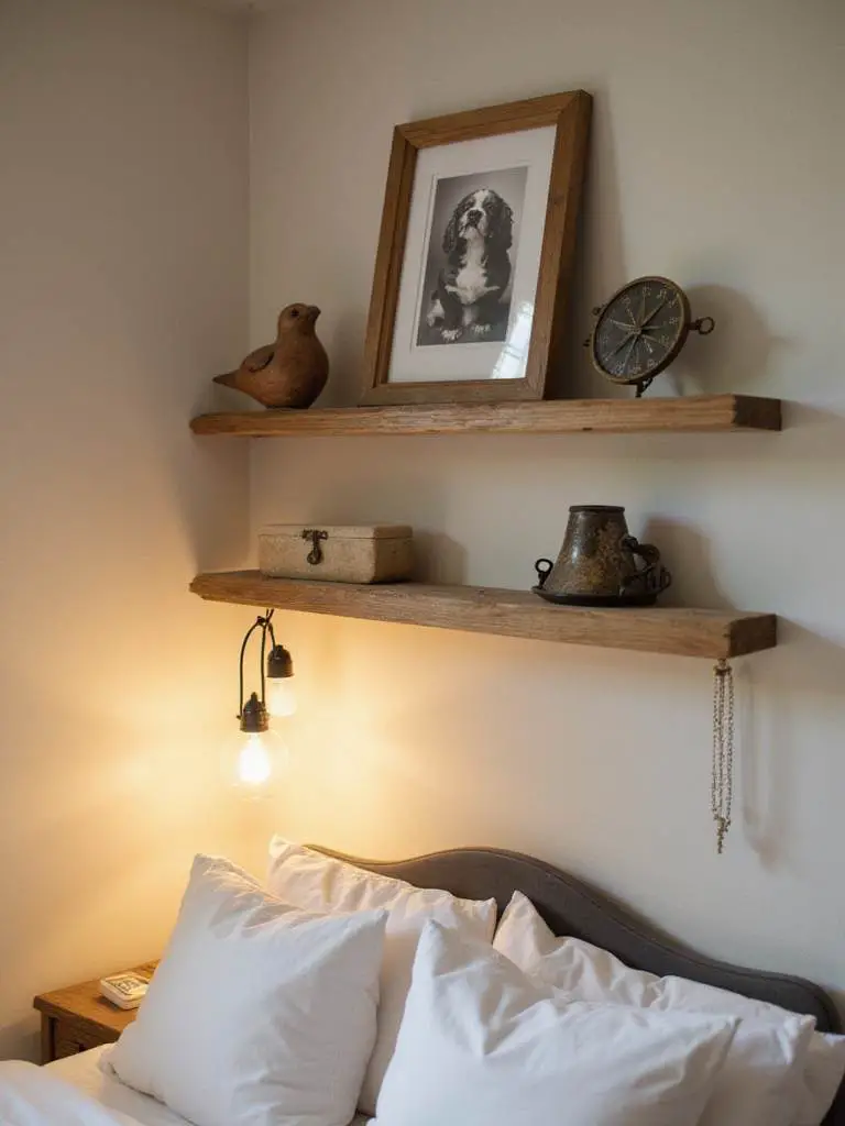Curated display of cherished items on a floating shelf above a bed in a cozy bedroom.