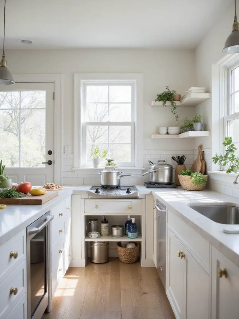 Organized kitchen with designated zones for cooking, preparation, and cleanup.
