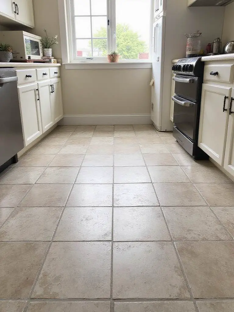 A pristine kitchen floor with various tile designs, showcasing the importance of tile maintenance and repairs.