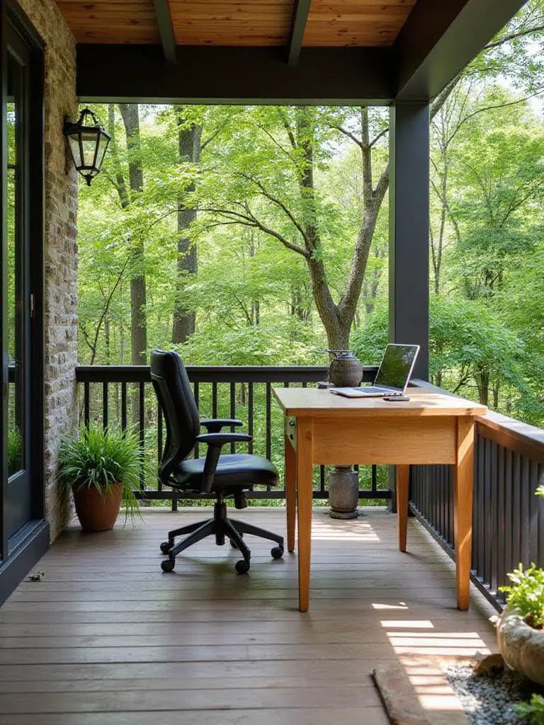 Dedicated outdoor office porch with desk and ergonomic chair surrounded by greenery