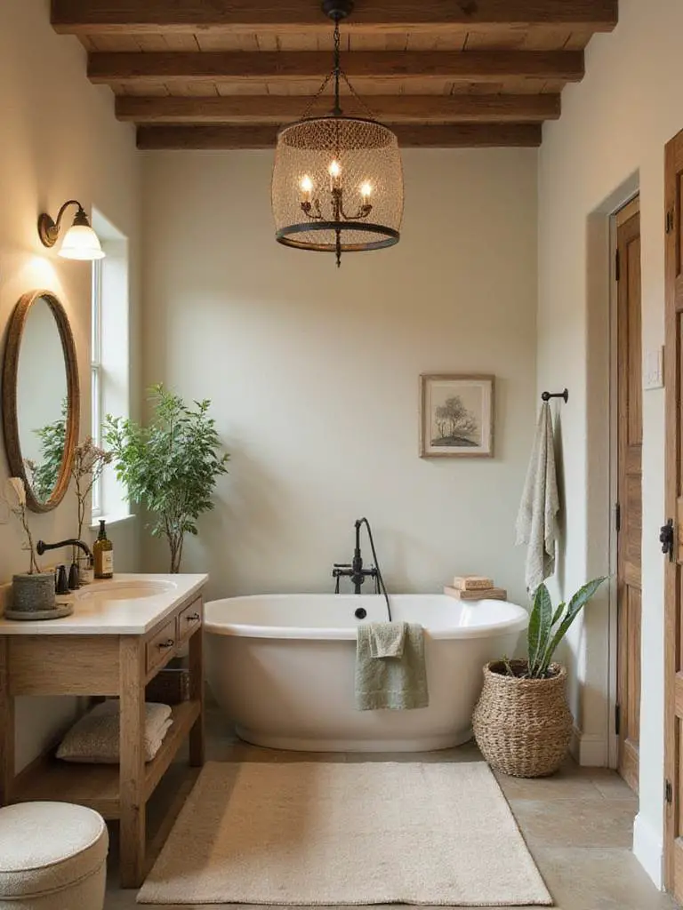 Rustic bathroom with earthy color palette featuring warm off-white walls and natural wood accents.