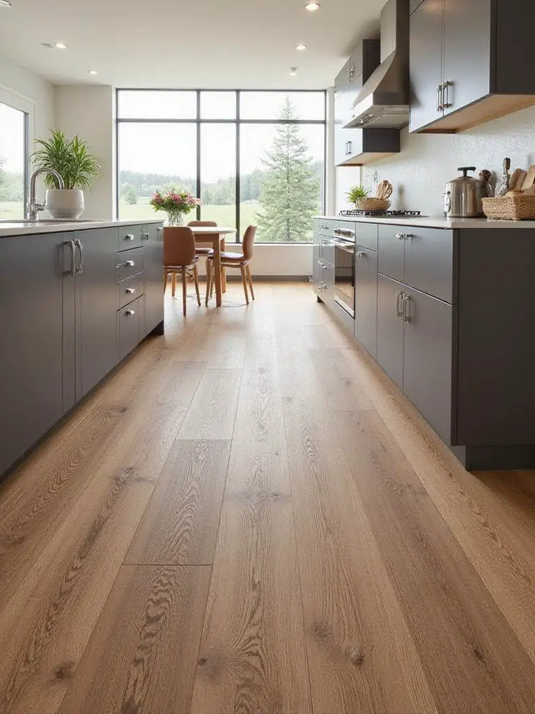 Modern kitchen with luxury vinyl tile flooring showcasing wood grain texture and natural light.