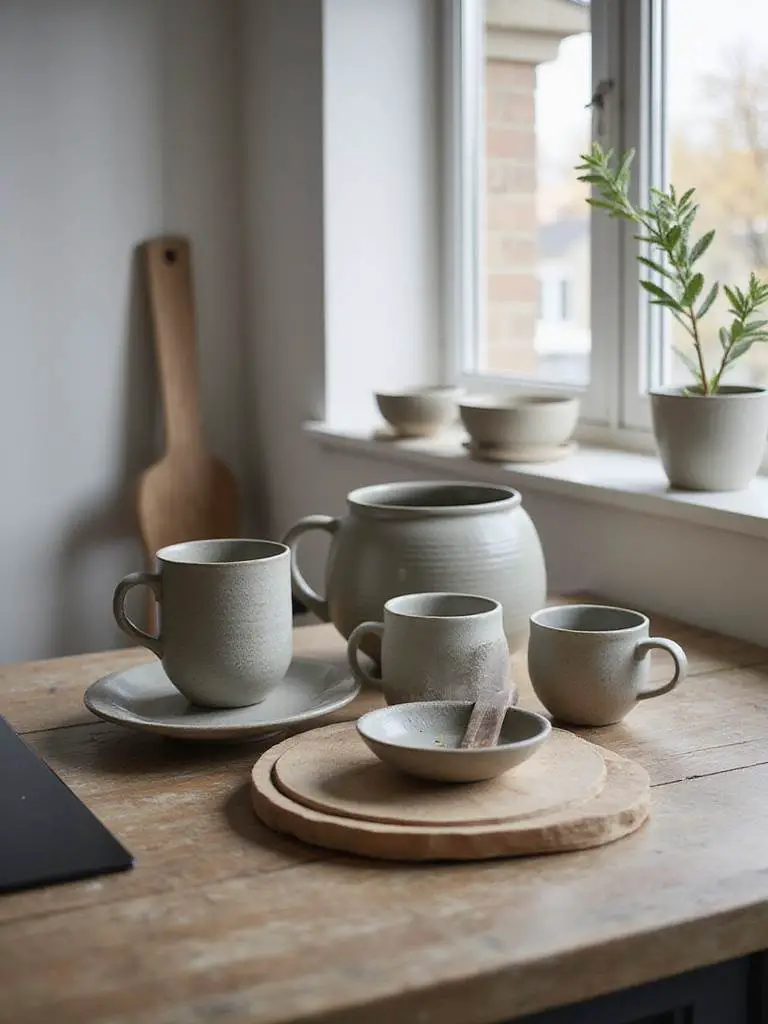 A serene Scandinavian kitchen featuring textured ceramic pieces on a wooden countertop.