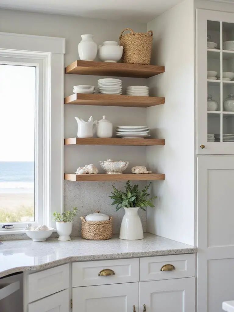 Coastal kitchen with open shelving showcasing seashells and white ceramics