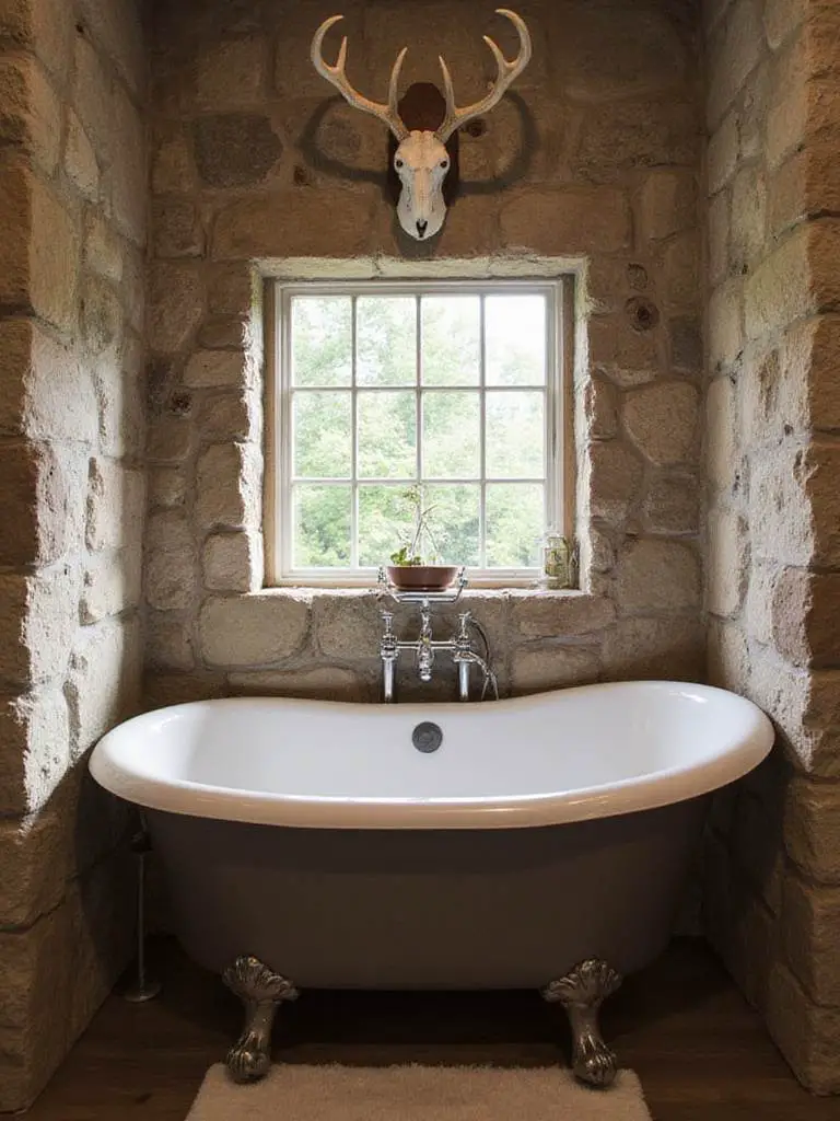 Rustic bathroom featuring an antler as decor above a freestanding tub.