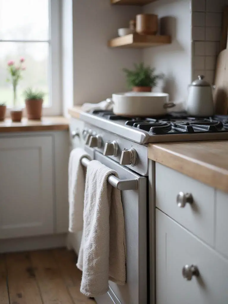 Scandinavian kitchen with drape linen tea towels over an oven handle.