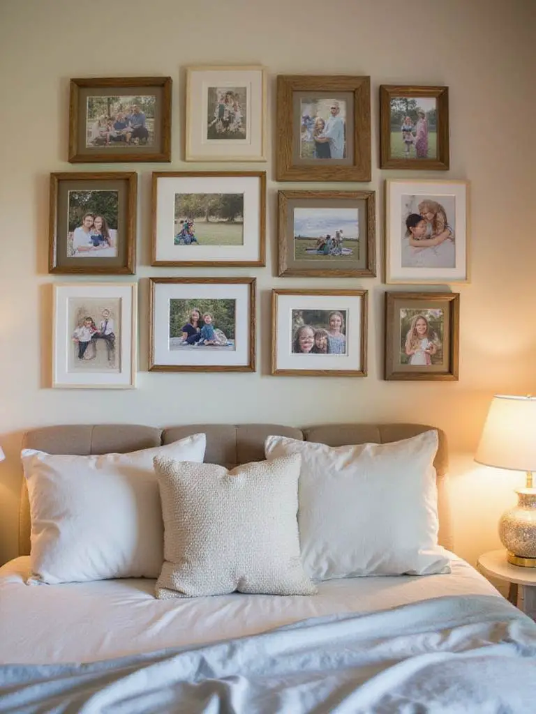 Gallery wall of budget frames displaying cherished family photos in a cozy bedroom setting.