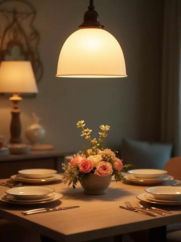 A dining room table beautifully lit with a pendant fixture featuring a frosted glass shade, showcasing an inviting table setting.