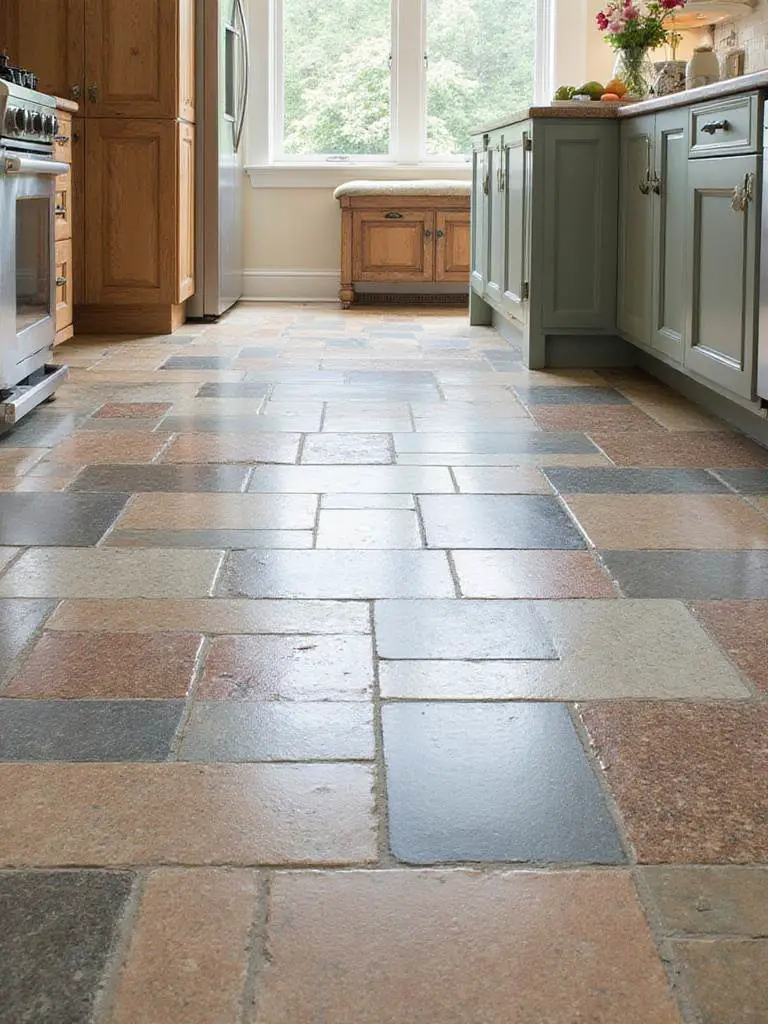 Professional kitchen floor showcasing a variety of ceramic tiles in different designs and colors