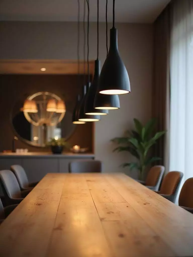 Modern dining room with multiple pendant lights over a dining table