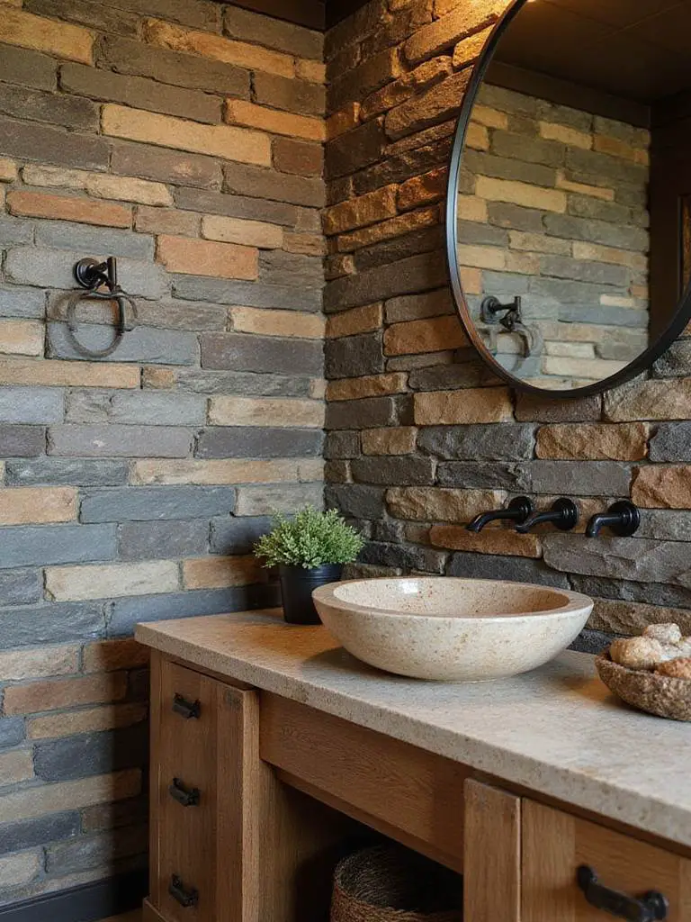 Rustic bathroom featuring natural stone accents with slate tiles and a travertine vessel sink.